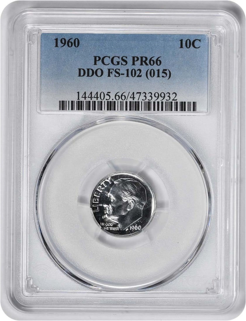 1960 Roosevelt Dime DDO FS-102 PR66 PCGS: 1960 Roosevelt Dime DDO FS-102 PR66 PCGS The 1960 Roosevelt Dime, graded PR66 by PCGS, boasts exceptional condition with minimal wear. This uncirculated coin features the iconic design of John R.