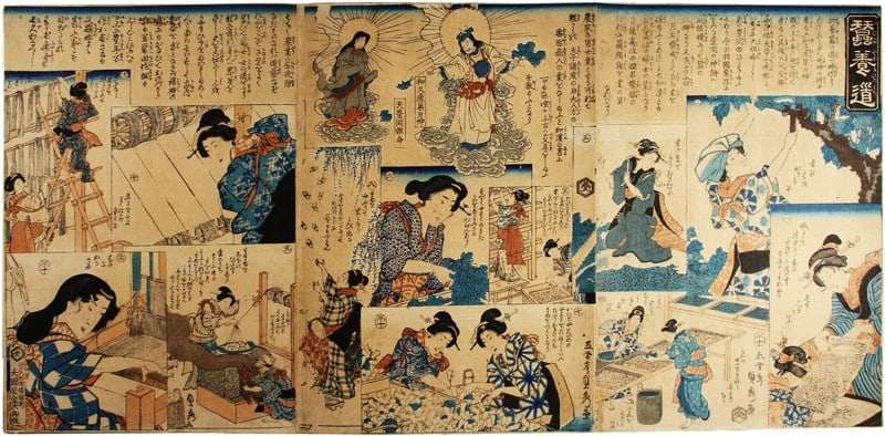 Antique Japanese Woodblock Print Triptych Utagawa Sadahide Silkworm Cultivation: Antique Japanese Woodblock Print Triptych Utagawa Sadahide Silkworm Cultivation Item Specifics: Artist: Utagawa Sadahide Subject: Sericulture Silkworm Cultivation Silk Industry Material: Washi Paper S