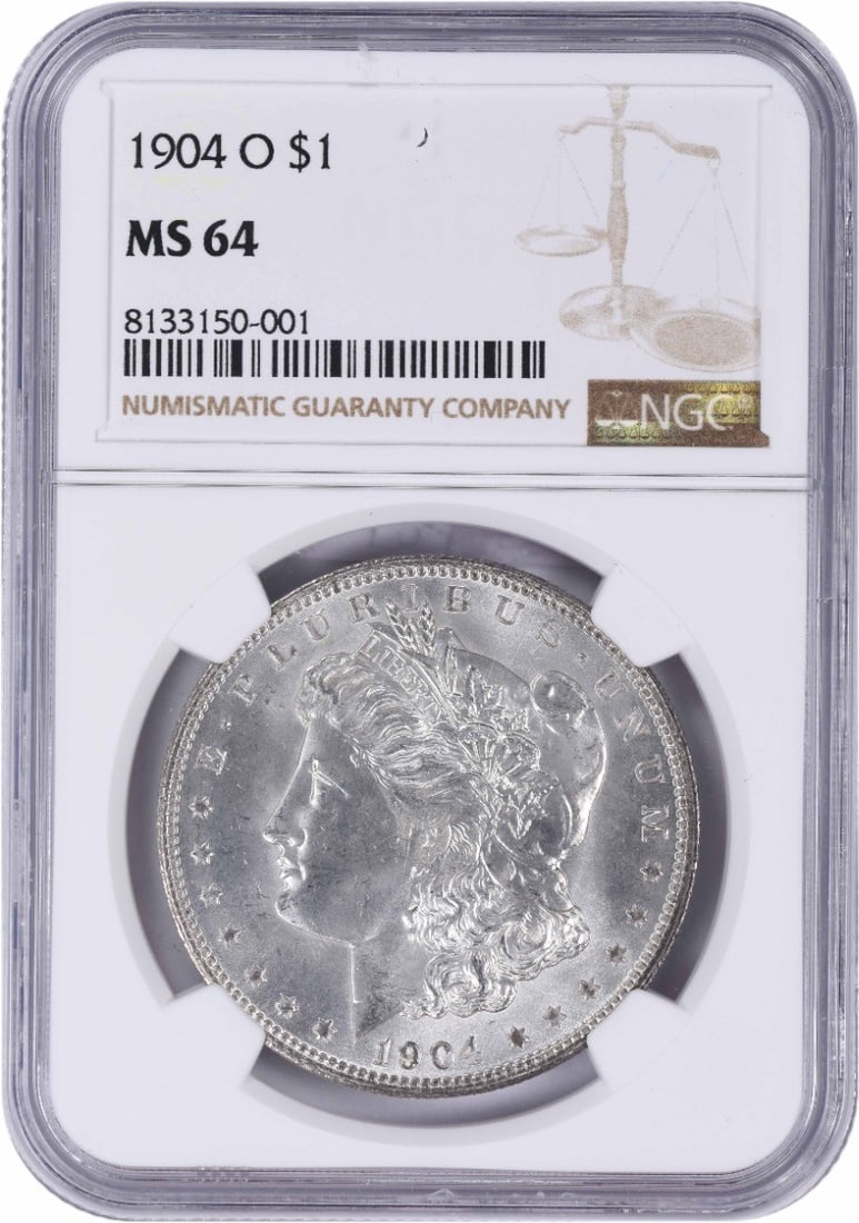1904-O Morgan Silver Dollar MS64 NGC: 1904-O Morgan Silver Dollar MS64 NGC The 1904-O Morgan Silver Dollar MS64 NGC boasts exceptional detail and luster, showcasing its high-grade condition. Certified by the Numismatic Guaranty