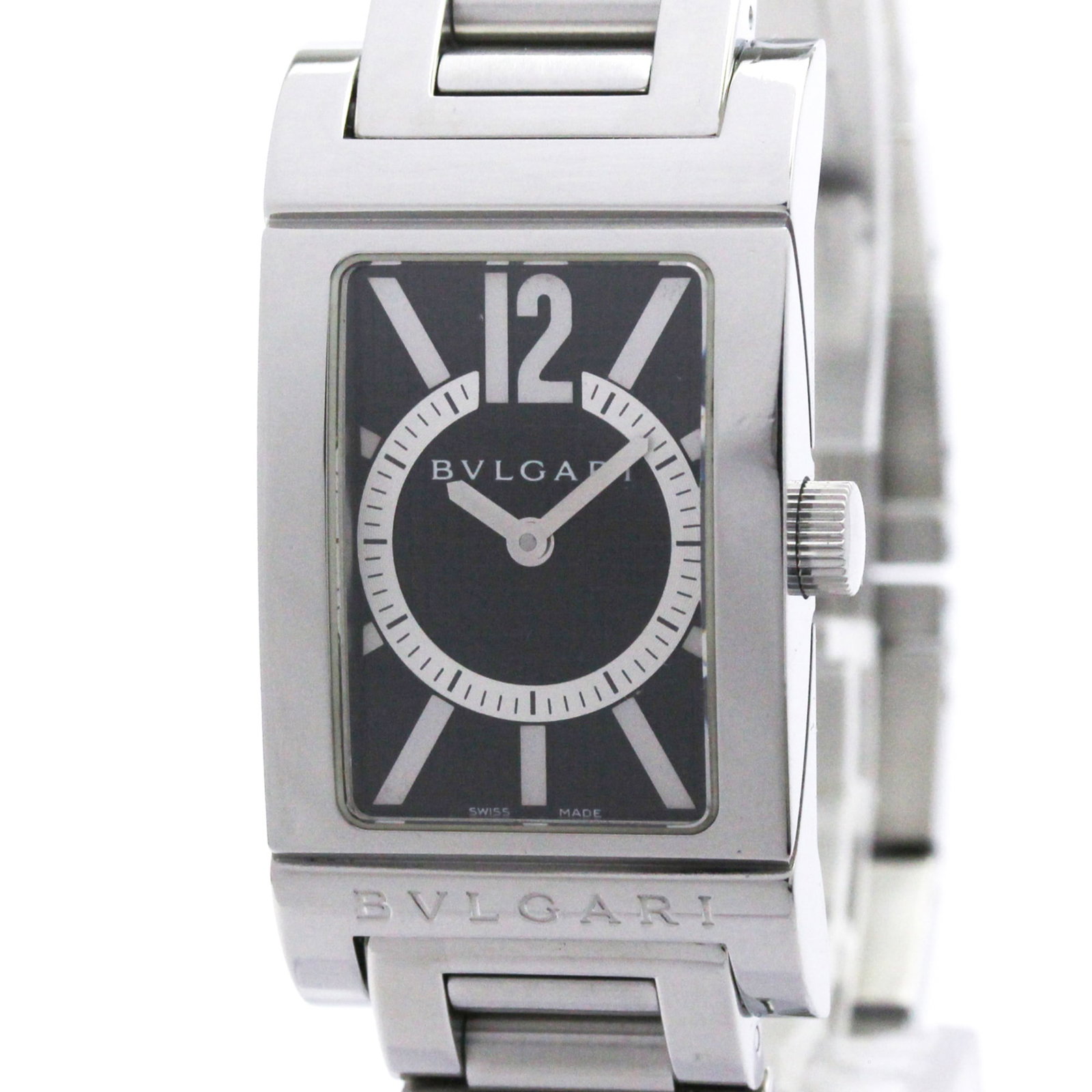 Bvlgari Wristwatch: Bvlgari Wristwatch Stainless steel case and band provide a sleek, modern look for this Bvlgari wristwatch. The black dial stands out against the polished metal, giving it a sophisticated dress/formal