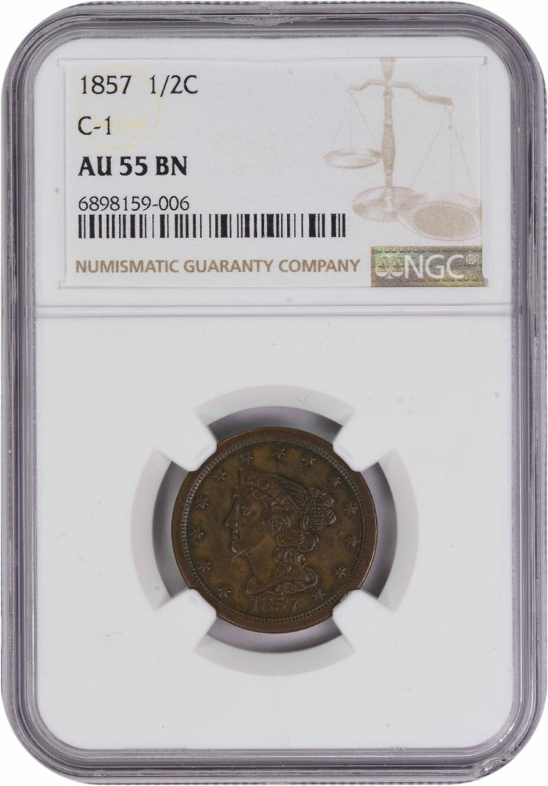 1857 Half Cent AU55BN NGC: 1857 Half Cent AU55BN NGC The 1857 Half Cent, certified AU55BN by the NGC, boasts a rich history as one of the earliest coins minted in Philadelphia. With its braided hair design and plain edge, this 