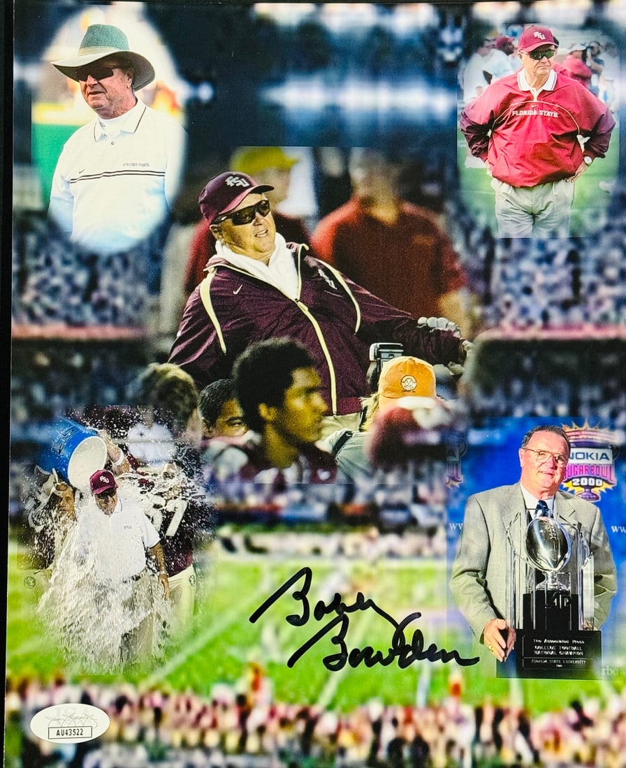Bowden Bobby Autographed Seminoles 8x10 Football Photo JSA: Bowden Bobby Autographed Seminoles 8x10 Football Photo JSA Bobby Bowden's signature appears across the front of this 8x10 football photo, bearing his mark in black sharpie. The Seminoles are