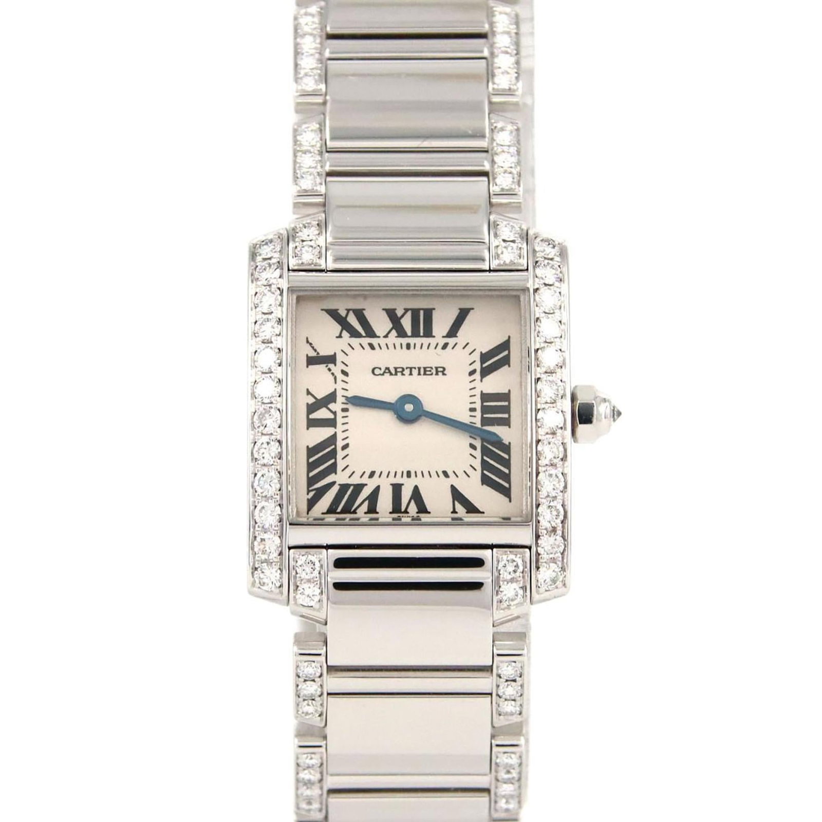 Wristwatch by Cartier: Wristwatch by Cartier This Cartier wristwatch boasts a sleek silver dial and white gold case, measuring 20mm in diameter. With its 15.5cm chain length, it's designed to fit comfortably on wrists up