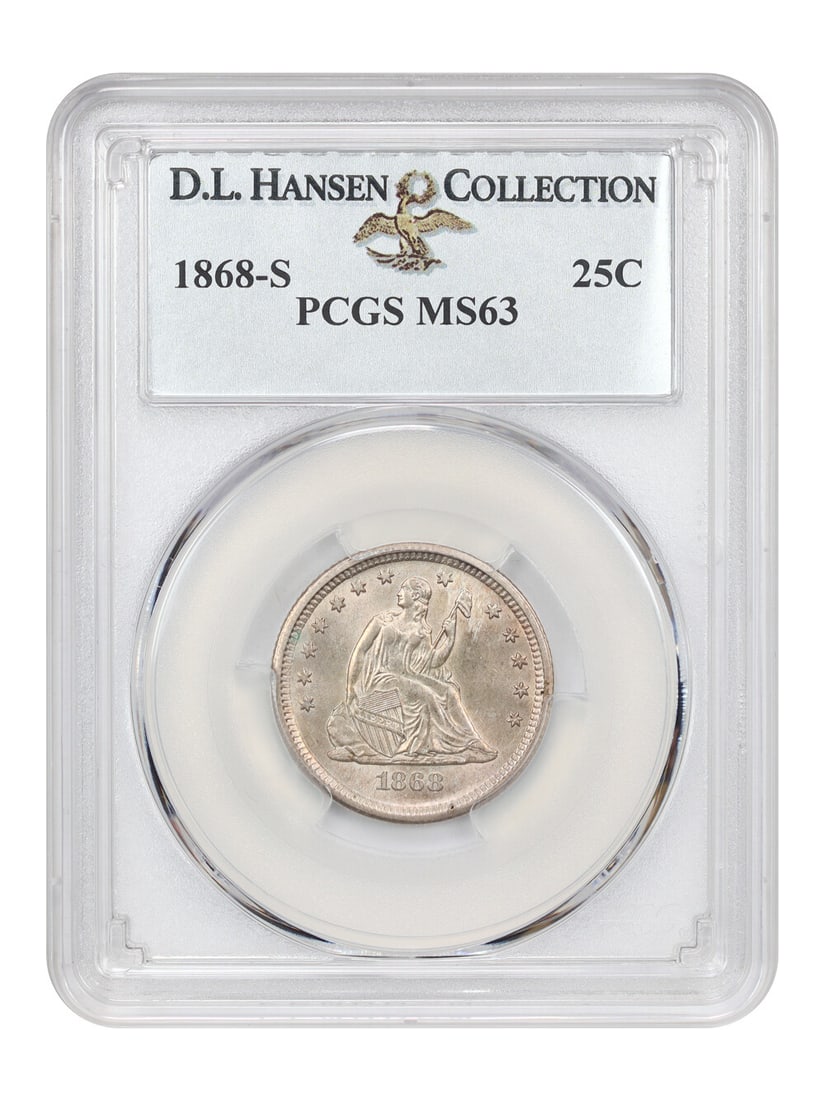 1868-S 25C PCGS MS63 ex: D.L. Hansen: 1868-S 25C PCGS MS63 ex: D.L. Hansen The 1868-S 25C PCGS MS63 is an uncirculated quarter with a high grade, bearing the mark of the Professional Coin Grading Service. This coin features the Liberty Se