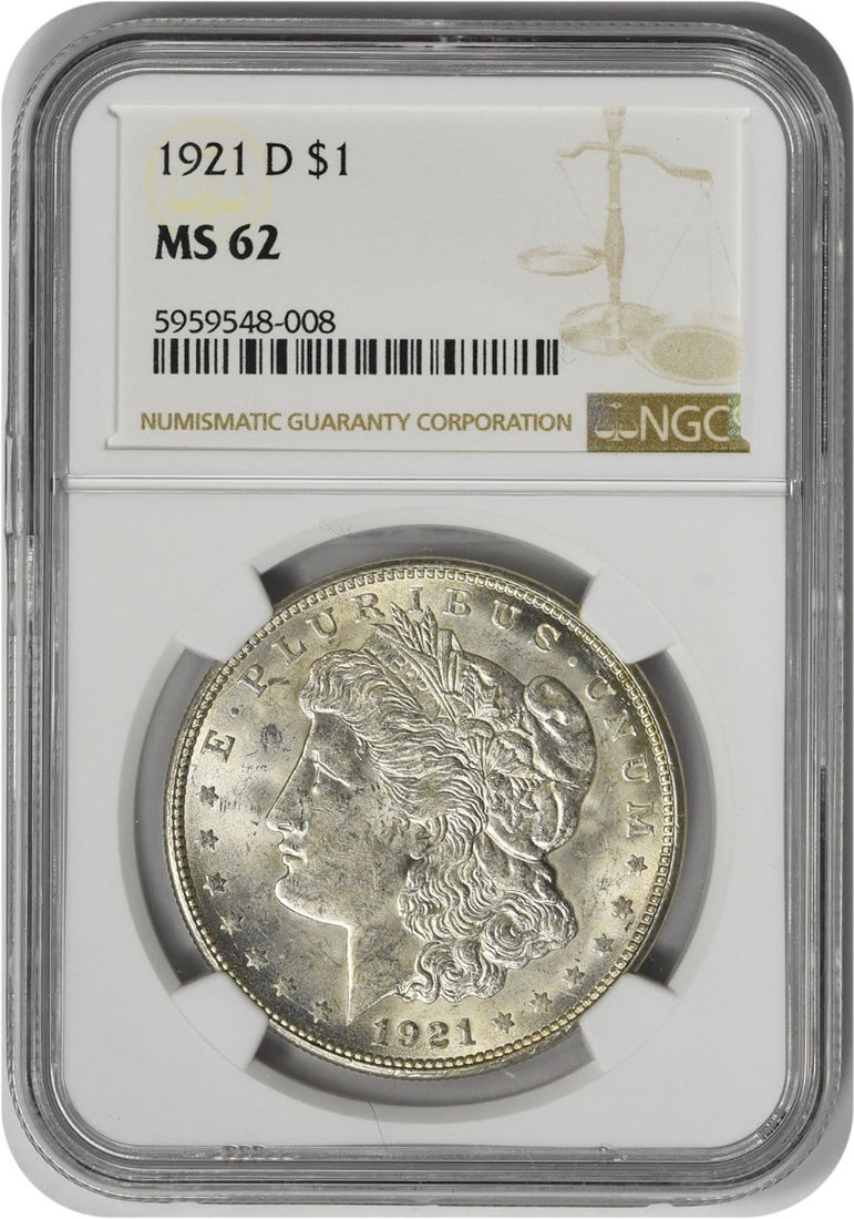 1921-D Morgan Silver Dollar MS62 NGC: 1921-D Morgan Silver Dollar MS62 NGC The 1921-D Morgan Silver Dollar MS62 NGC boasts an impressive grade, showcasing its exceptional condition. Certified by the Numismatic Guaranty Corporation (NGC) a