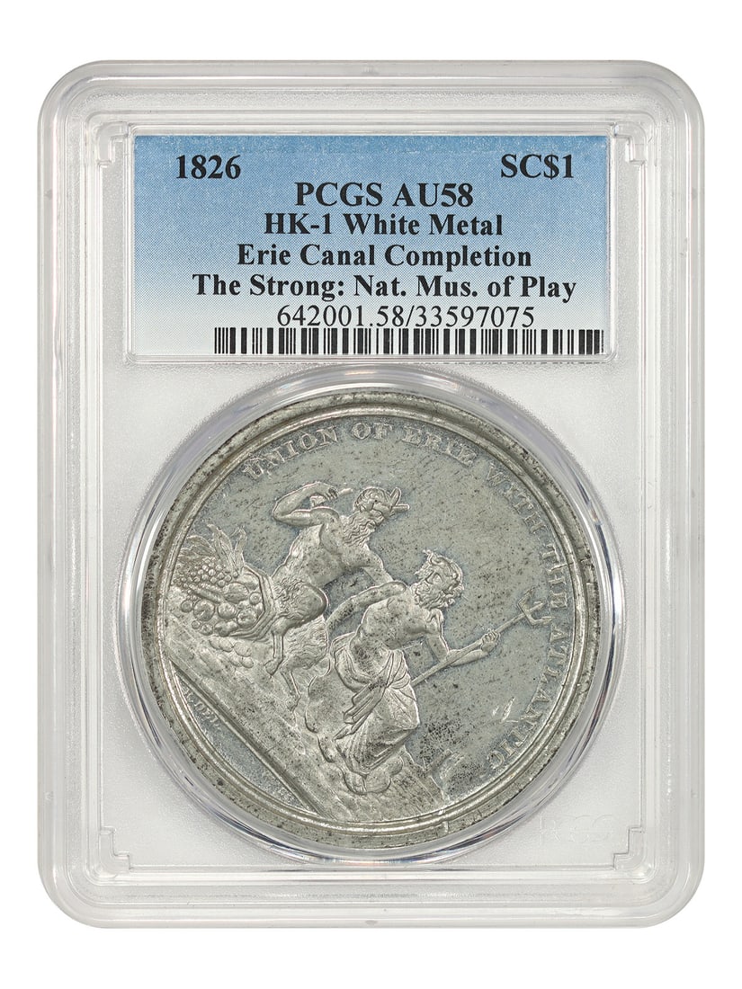 Dollar SC$1 Erie Canal Completion PCGS AU58 HK-1 White Metal: Dollar SC$1 Erie Canal Completion PCGS AU58 HK-1 White Metal PCGS AU58 HK-1 White Metal - A Rare Circulated So-Called Dollar from 1826. This circulated SC$1 coin features a striking MS Mint strike typ