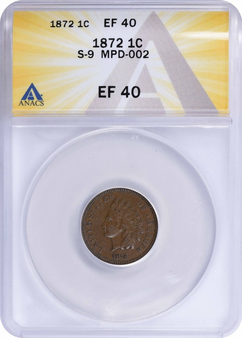 1872 Indian Cent S-9 EF40 ANACS: 1872 Indian Cent S-9 EF40 ANACS EF40 graded 1872 Indian Cent, certified by ANACS as Circulated. This copper small cent features no mint mark and is part of Km Number 90a. Certified to a high level of