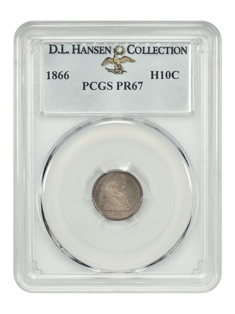 1866 H10C PCGS PR67 ex: D.L. Hansen: 1866 H10C PCGS PR67 ex: D.L. Hansen The 1866 H10C PCGS PR67 is a rare and highly detailed example of the Liberty Seated Half Dime series, boasting an exceptional grade of PR67. This uncirculated coin