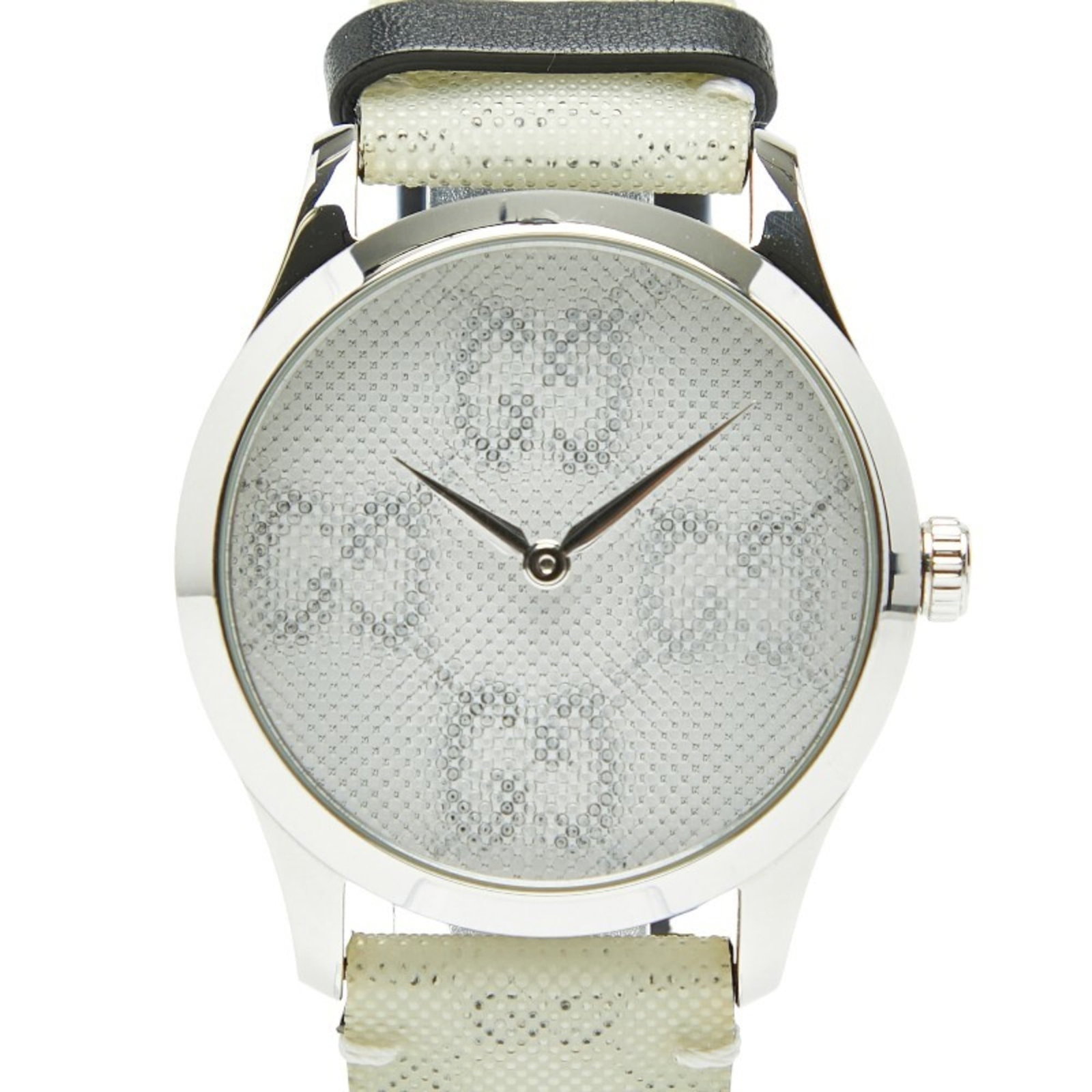 Wristwatch by Gucci: Wristwatch by Gucci Stainless steel case and band provide a sleek, modern look for the Gucci wristwatch. The white dial offers a clean and timeless appearance, while the analog display provides a