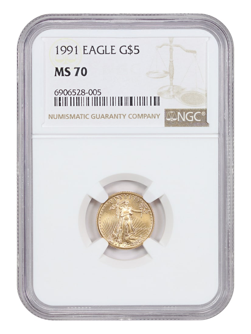 1991 $5 Gold Eagle NGC MS70 - $5 Gold Eagles: 1991 $5 Gold Eagle NGC MS70 - $5 Gold Eagles The 1991 $5 Gold Eagle, certified MS70 by the Numismatic Guaranty Corporation (NGC), boasts exceptional mint state condition with a striking design. This u