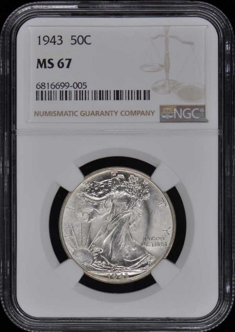1943 Walking Liberty Half Dollar 50C NGC MS67: 1943 Walking Liberty Half Dollar 50C NGC MS67 The 1943 Walking Liberty Half Dollar, graded MS67 by the Numismatic Guaranty Corporation (NGC), boasts exceptional condition with minimal wear. This