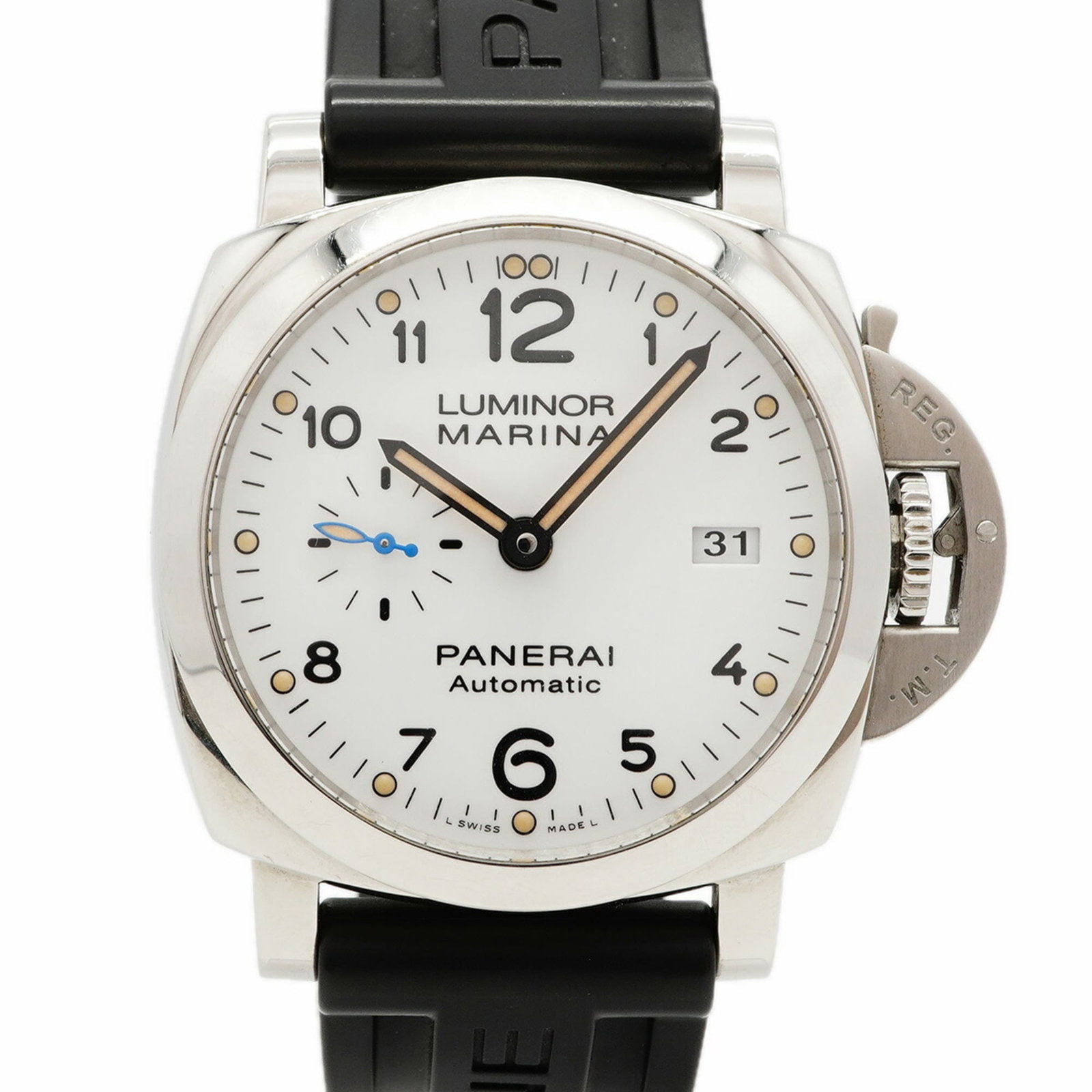 Officine Panerai Wristwatch: Officine Panerai Wristwatch 44mm white rubber band Officine Panerai wristwatch with a diameter of 1.73'' and a wrist size of 21cm, bearing traces of usage and minor scratches. The watch features a cla