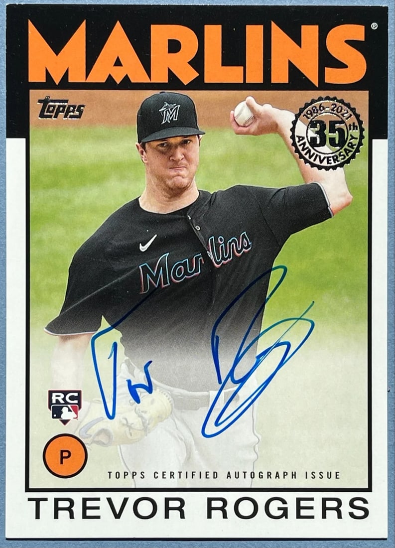 Trevor Rogers Autographed 2021 Topps Rookie Baseball Card: Trevor Rogers Autographed 2021 Topps Rookie Baseball Card Trevor Rogers' 2021 Topps Rookie Baseball Card boasts the autograph of the talented pitcher, making it a unique collectible for baseball