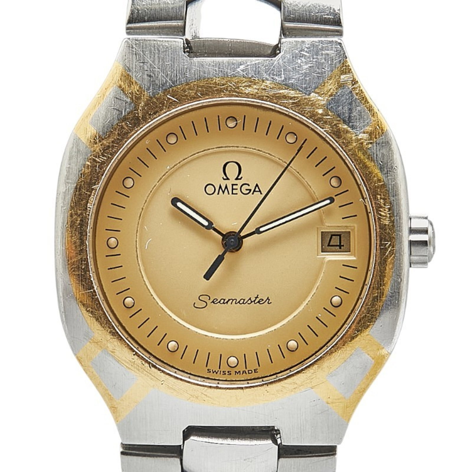 Omega Wristwatch: Omega Wristwatch Stainless steel and yellow gold combine in a classic Omega wristwatch design, featuring an analog display on a 35.9mm case with a diameter of 1.41''. The watch has been worn and