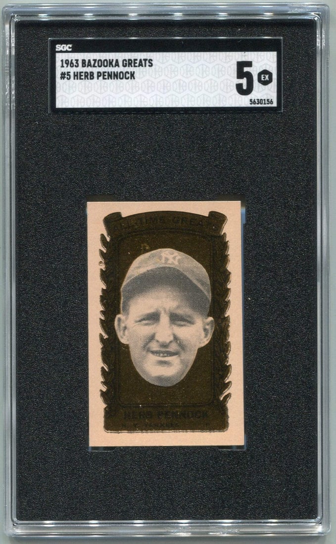 Bazooka Greats Card Herb Pennock SGC 1963 #5: Bazooka Greats Card Herb Pennock SGC 1963 #5 Herb Pennock's 1963 Bazooka Greats Card #5 is a rare and iconic piece, graded by the Sports Guaranty Corporation (SGC) to a high level. This card bears a