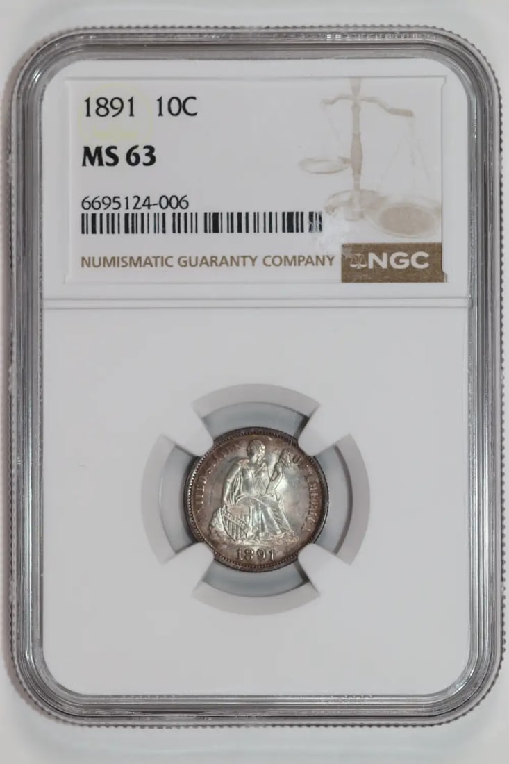SEATED LIBERTY DIME NGC MS63: SEATED LIBERTY DIME NGC MS63 The SEATED LIBERTY DIME NGC MS63 is an uncirculated silver dime from the 1891 series, certified by the Numismatic Guaranty Corporation (NGC) with a high grade of MS 63. Th