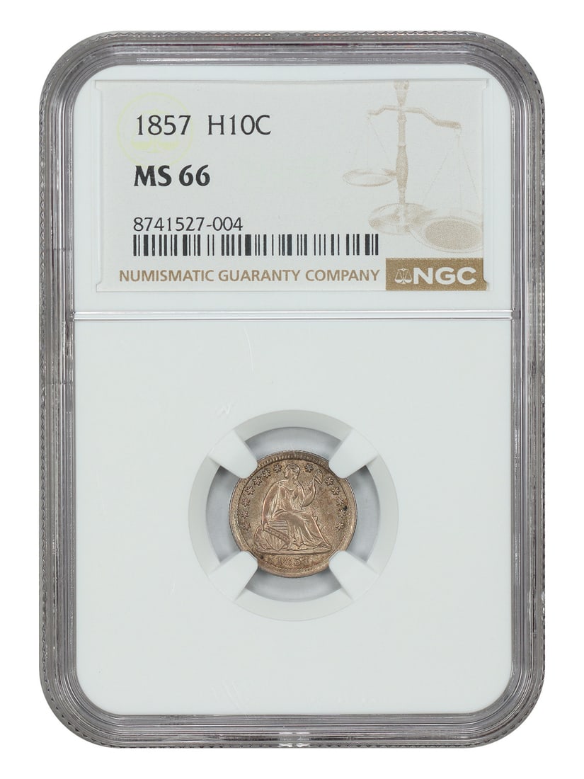 Half dime Liberty seated H10C 1857 NGC MS66: Half dime Liberty seated H10C 1857 NGC MS66 Uncirculated 1857 Liberty Seated Half Dime, graded MS66 by the Numismatic Guaranty Corporation (NGC), boasts exceptional mint state condition with crisp det