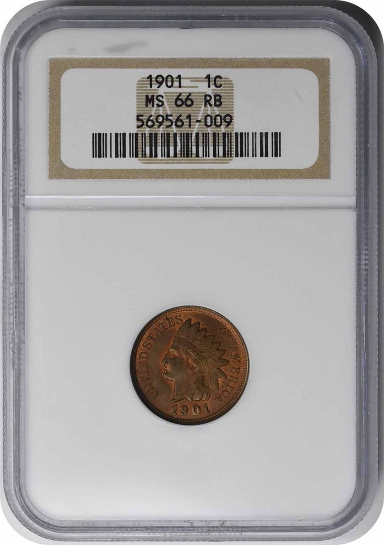 1901 Indian Cent MS66RB NGC: 1901 Indian Cent MS66RB NGC The 1901 Indian Cent MS66RB NGC is an uncirculated coin with a high grade, boasting exceptional condition and detail. Certified by the Numismatic Guaranty Corporation (NGC)