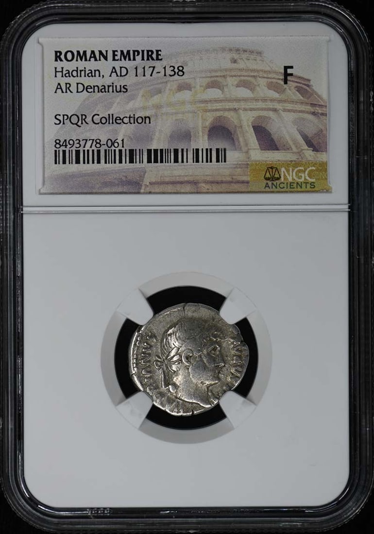 Hadrian, AD 117-138 ROMAN EMPIRE AR Denarius NGC F: Hadrian, AD 117-138 ROMAN EMPIRE AR Denarius NGC F Hadrian, AD 117-138 ROMAN EMPIRE AR Denarius NGC F - A rare and historically significant coin from the Roman Empire's late reign. Certified by the Nu