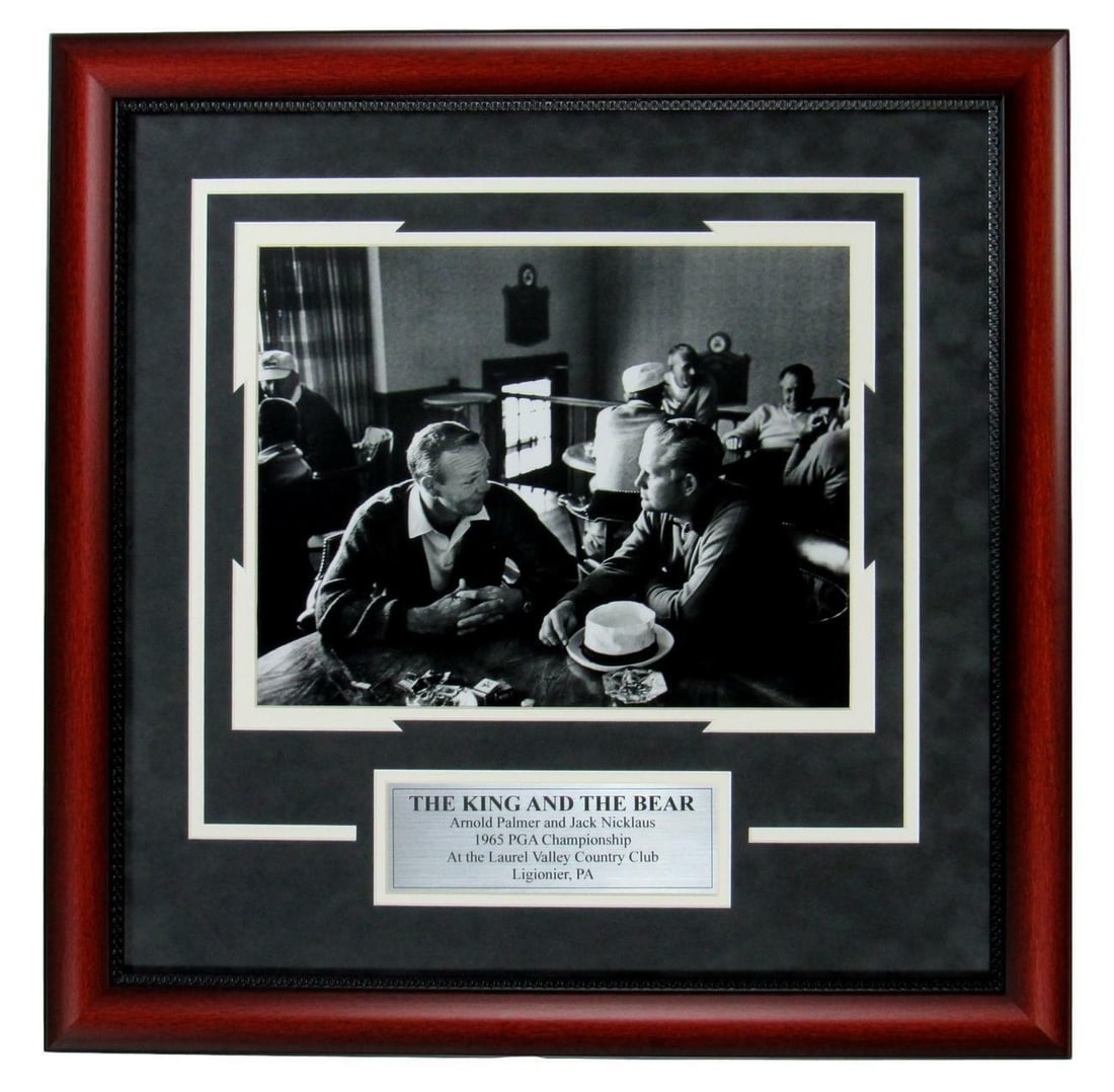 Arnold Palmer/ Jack Nicklaus "The King and the Bear" Framed Photo 1965 PGA: Arnold Palmer/ Jack Nicklaus "The King and the Bear" Framed Photo 1965 PGA Original framed photo from 1965 featuring Arnold Palmer and Jack Nicklaus, two golf legends known as "The King" and "The Bear