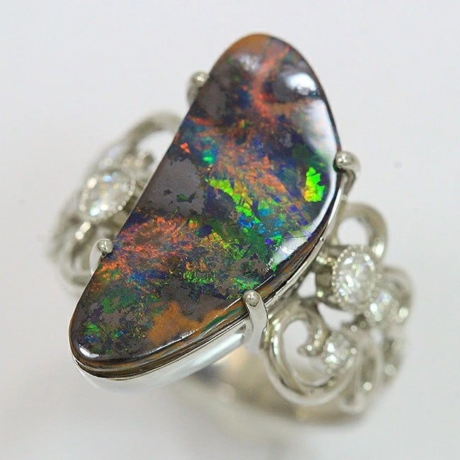 Amije Boulder Opal 6.4ct Diamond 0.22ct Platinum 900 Cocktail Ring Box Paper: Amije Boulder Opal 6.4ct Diamond 0.22ct Platinum 900 Cocktail Ring Box Paper Item Specifics: Antique: No Shape: Asymmetrical Occasion: Anniversary Birthday Christening Christmas Engagement Graduation