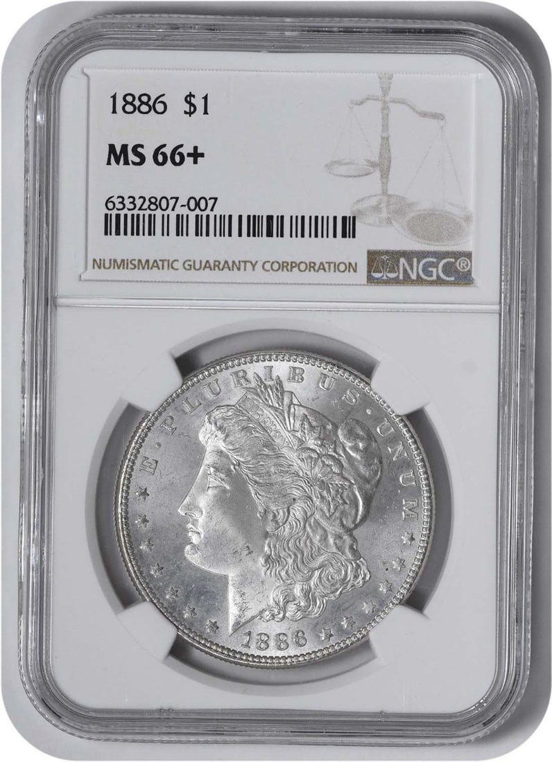Morgan Silver Dollar MS66+ 1886 NGC: Morgan Silver Dollar MS66+ 1886 NGC The 1886 Morgan Silver Dollar, certified MS66+ by the NGC, boasts exceptional condition with its high-grade uncirculated status. This stunning coin features a rich