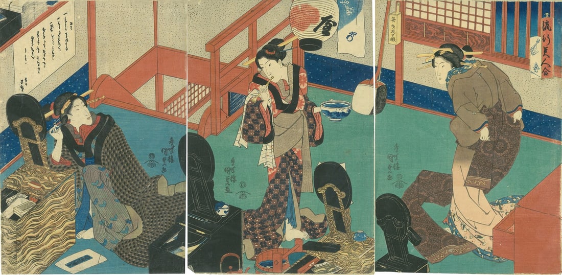 Utagawa Kunisada Triptych Woodblock Print Collection of Fashionable Beauties: Utagawa Kunisada Triptych Woodblock Print Collection of Fashionable Beauties Item Specifics: Artist: Utagawa Kunisada (Toyokuni III) Subject: Beauties Makeup Kimono Material: Paper Style: Japanese Pro