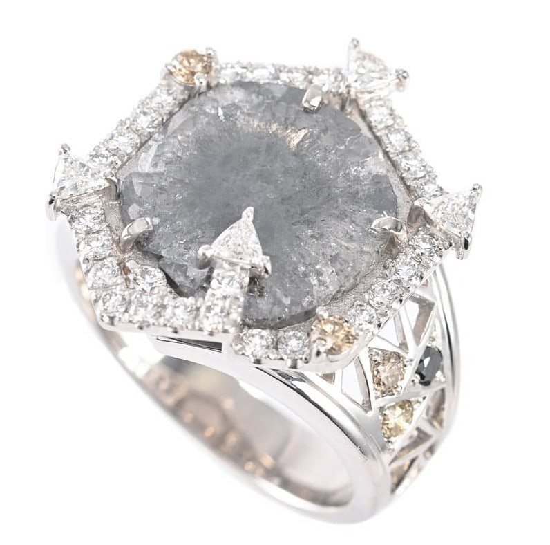 Hexagon Black Diamond Mitsuo Kaji 18k White Gold US8 EU56 Statement Ring 2.04ct (1 of 8)