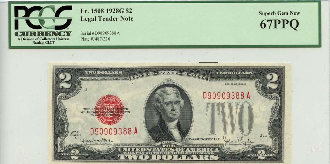 1928G $2 Legal Tender Note FR#1508 PCGS Superb Gem 67PPQ: 1928G $2 Legal Tender Note FR#1508 PCGS Superb Gem 67PPQ The 1928G $2 Legal Tender Note, graded MS67 by PCGS, boasts exceptional condition with its Superb Gem designation. This Uncirculated note featu