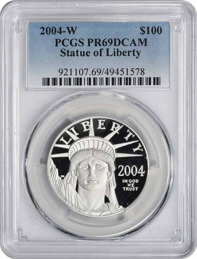 2004-W $100 American Platinum Eagle PR69DCAM PCGS: 2004-W $100 American Platinum Eagle PR69DCAM PCGS The 2004-W $100 American Platinum Eagle is a stunning example of the U.S. Mint's attention to detail, with its intricate design and precise craftsmans