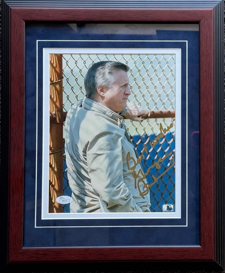 George Steinbrenner Autographed 8x10 Framed Photo (JSA): George Steinbrenner Autographed 8x10 Framed Photo (JSA) Signed in gold sharpie across the front of an 8x10 framed photo, George Steinbrenner adds his personal touch with a heartfelt inscription. The