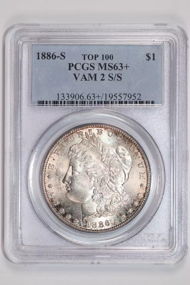 1886-S VAM-2 "S/ S" TOP 100 MORGAN DOLLAR PCGS MS63+ LOOKS NICER: 1886-S VAM-2 "S/ S" TOP 100 MORGAN DOLLAR PCGS MS63+ LOOKS NICER The 1886-S VAM-2 "S/ S" Top 100 Morgan Dollar graded MS63+ by PCGS boasts a striking appearance, showcasing the characteristic details 