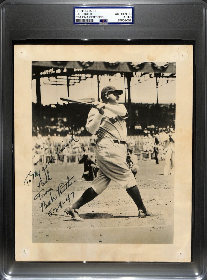 Babe Ruth HOF New York Yankees Signed/ Inscribed 8x10 Photo PSA/ DNA JSA 208066: Babe Ruth HOF New York Yankees Signed/ Inscribed 8x10 Photo PSA/ DNA JSA 208066 Signed by the Bambino himself, this Babe Ruth 8x10 photo boasts an impressive collection of authentication from PSA/DNA 