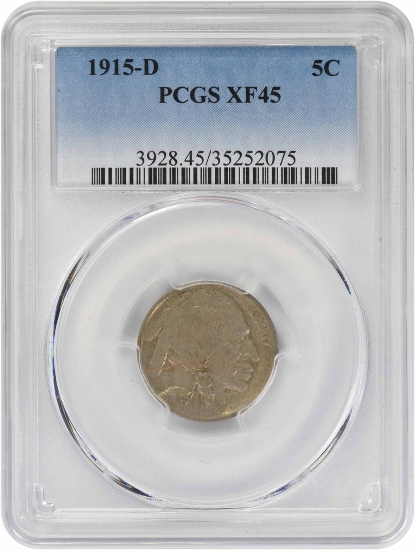 1915-D Buffalo Nickel EF45 PCGS: 1915-D Buffalo Nickel EF45 PCGS The 1915-D Buffalo Nickel EF45 PCGS is a circulated example of the iconic coin, featuring a well-worn design with subtle wear on its surface. Certified by PCGS as an