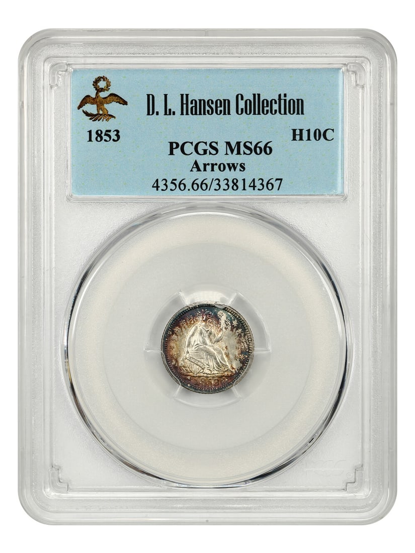 1853 H10c PCGS MS66 (Arrows) ex: D.L. Hansen: 1853 H10c PCGS MS66 (Arrows) ex: D.L. Hansen The 1853 H10c PCGS MS66 (Arrows) ex: D.L. Hansen features the iconic Liberty Seated design, with a striking MS66 grade indicating exceptional condition