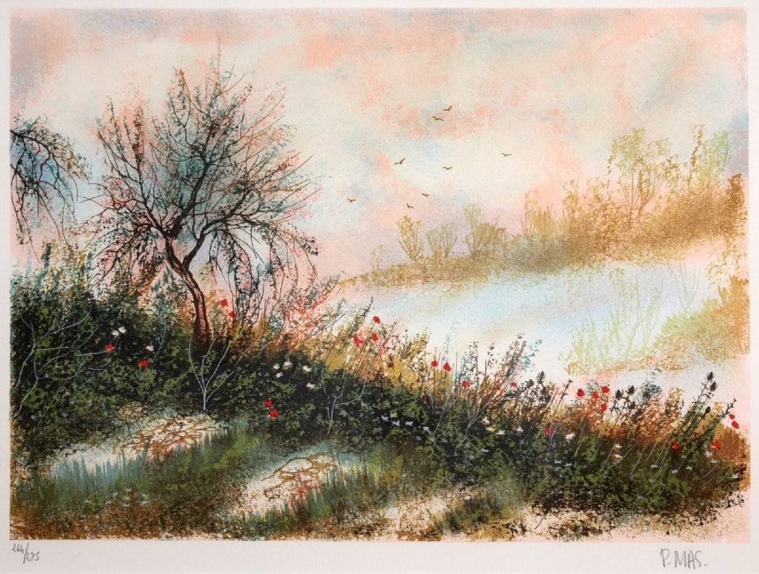 Pierre Mas signed French landscape lithograph lake scene 264/ 275 (1 of 8)