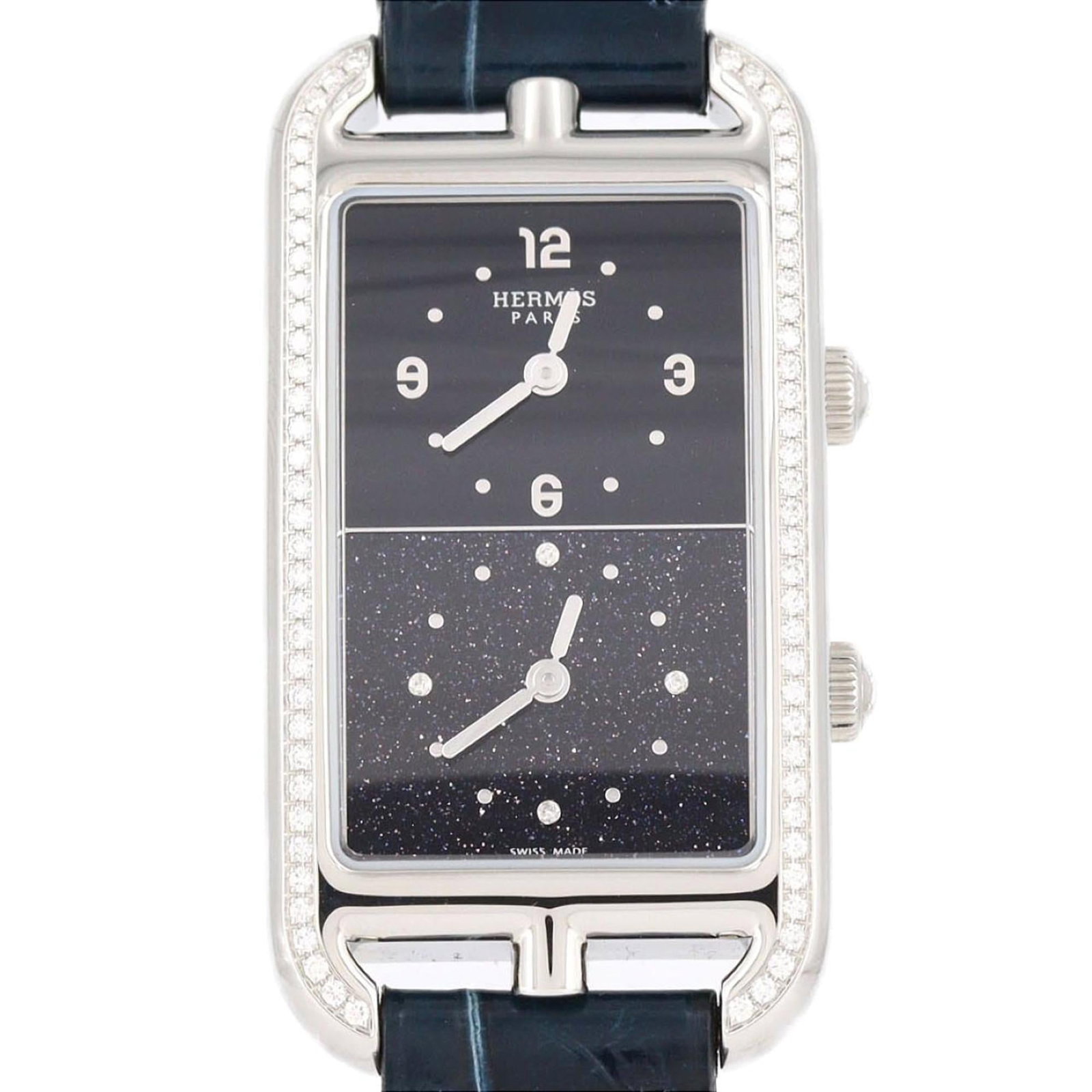 Hermes Wristwatch: Hermes Wristwatch Stainless steel case with a blue band and dial, adorned with a diamond gemstone. This pre-owned Hermes wristwatch boasts a classic design with subtle signs of wear, showcasing its ti