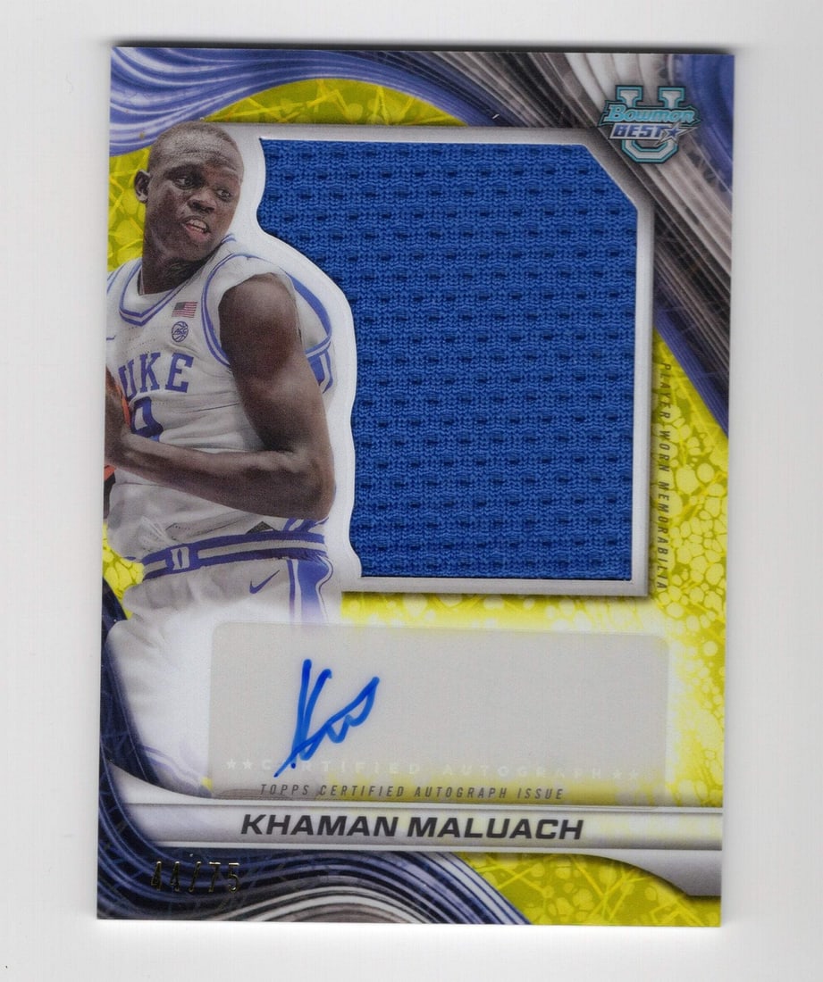 Khaman Maluach Bowman Best U #PJRAKM Auto Jersey Card/ 75: Khaman Maluach Bowman Best U #PJRAKM Auto Jersey Card/ 75 Khaman Maluach Bowman's Best U #PJRAKM Auto Jersey Card is a unique piece, bearing the artist's signature. Packed and shipped from Dania