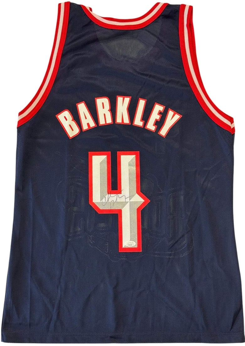Charles Barkley Autographed Houston Rockets Champion Jersey (JSA): Charles Barkley Autographed Houston Rockets Champion Jersey (JSA) Signed by Charles Barkley in black sharpie across the jersey number on the back, this authentic Houston Rockets champion jersey bears 