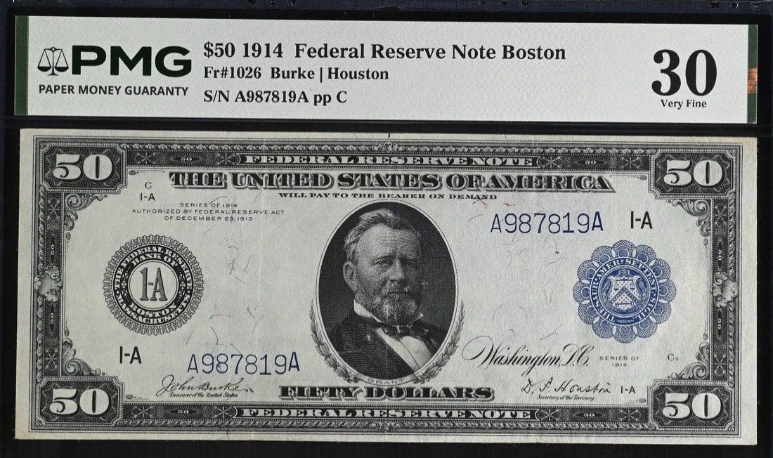 1914 $50 FEDERAL RESERVE NOTE BOSTON BLUE SEAL FR. 1026 PMG VF 30 (1 of 2)