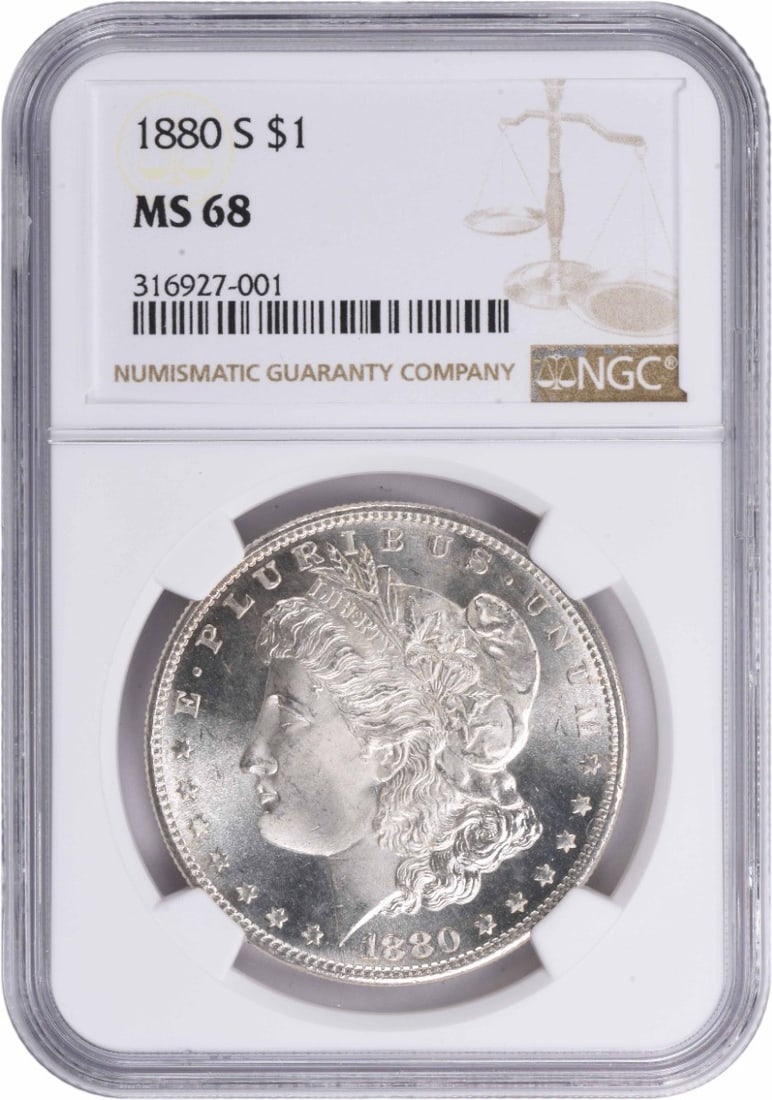 Morgan Silver Dollar 1880-S MS68 NGC: Morgan Silver Dollar 1880-S MS68 NGC The Morgan Silver Dollar 1880-S MS68 NGC boasts exceptional condition, with its high grade of MS68 indicating outstanding mint state quality. This coin's silver co