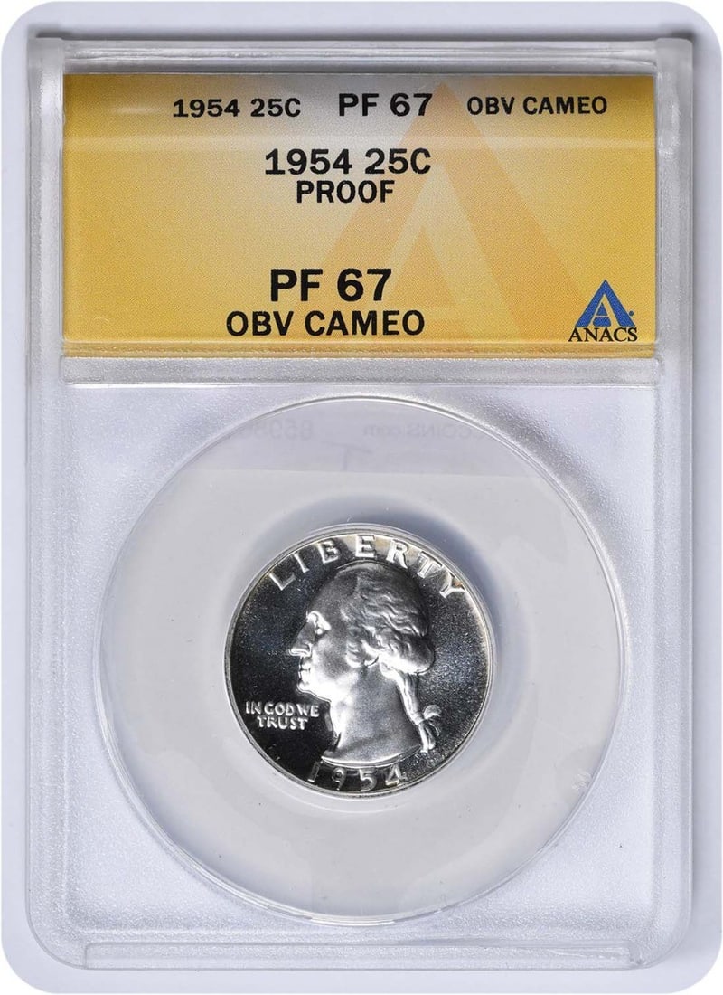 PF67CAM Washington Quarter 1954: PF67CAM Washington Quarter 1954 PR67CAM Washington Quarter 1954, certified by ANACS as Uncirculated and bearing the mark of the Philadelphia Mint, showcases exceptional detail and luster. This