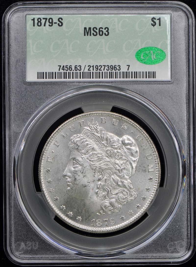 Morgan Dollar $1 1879-S CACG MS63: Morgan Dollar $1 1879-S CACG MS63 The Morgan Dollar $1 1879-S CACG MS63 is an uncirculated coin from the San Francisco Mint, bearing the signature of its designer. Certified by CACG with a grade of