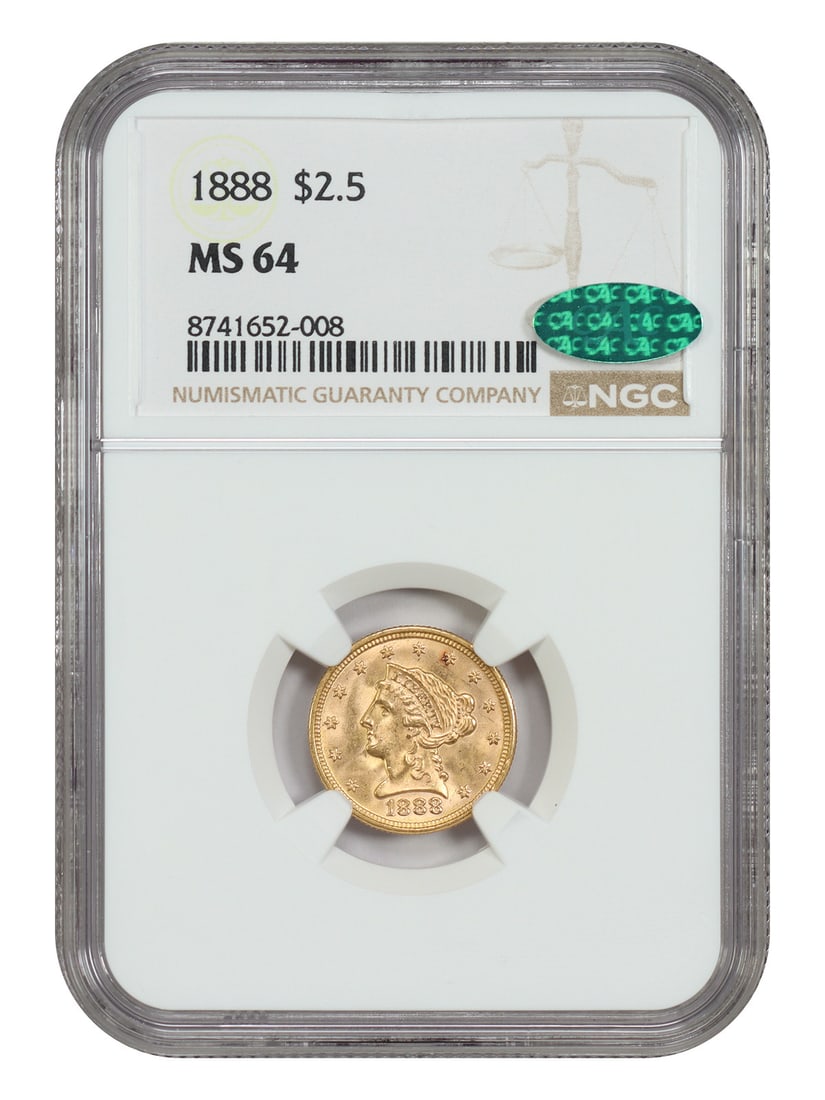 MS64 CAC Liberty Head $2.50 NGC/ 1888: MS64 CAC Liberty Head $2.50 NGC/ 1888 MS64 CAC Liberty Head $2.50 NGC/1888 - A Highly Detailed Uncirculated Gold Coin from 1888, Graded MS64 by the Numismatic Guaranty Corporation (NGC) and backed by 