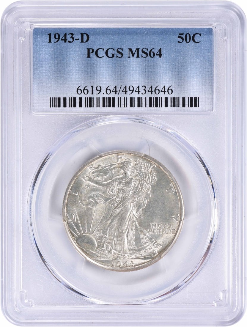 Silver Half Dollar MS64 PCGS Walking Liberty 1943-D: Silver Half Dollar MS64 PCGS Walking Liberty 1943-D The 1943-D Walking Liberty Half Dollar, graded MS64 by PCGS, boasts its original silver composition and striking design. This coin bears the distinc