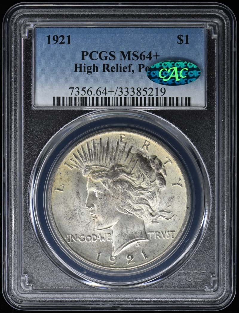PCGS MS64+ High Relief Type 1 Peace Dollar 1921: PCGS MS64+ High Relief Type 1 Peace Dollar 1921 The PCGS MS64+ High Relief Type 1 Peace Dollar 1921 boasts exceptional condition, with its uncirculated state showcasing the coin's natural beauty. Cert