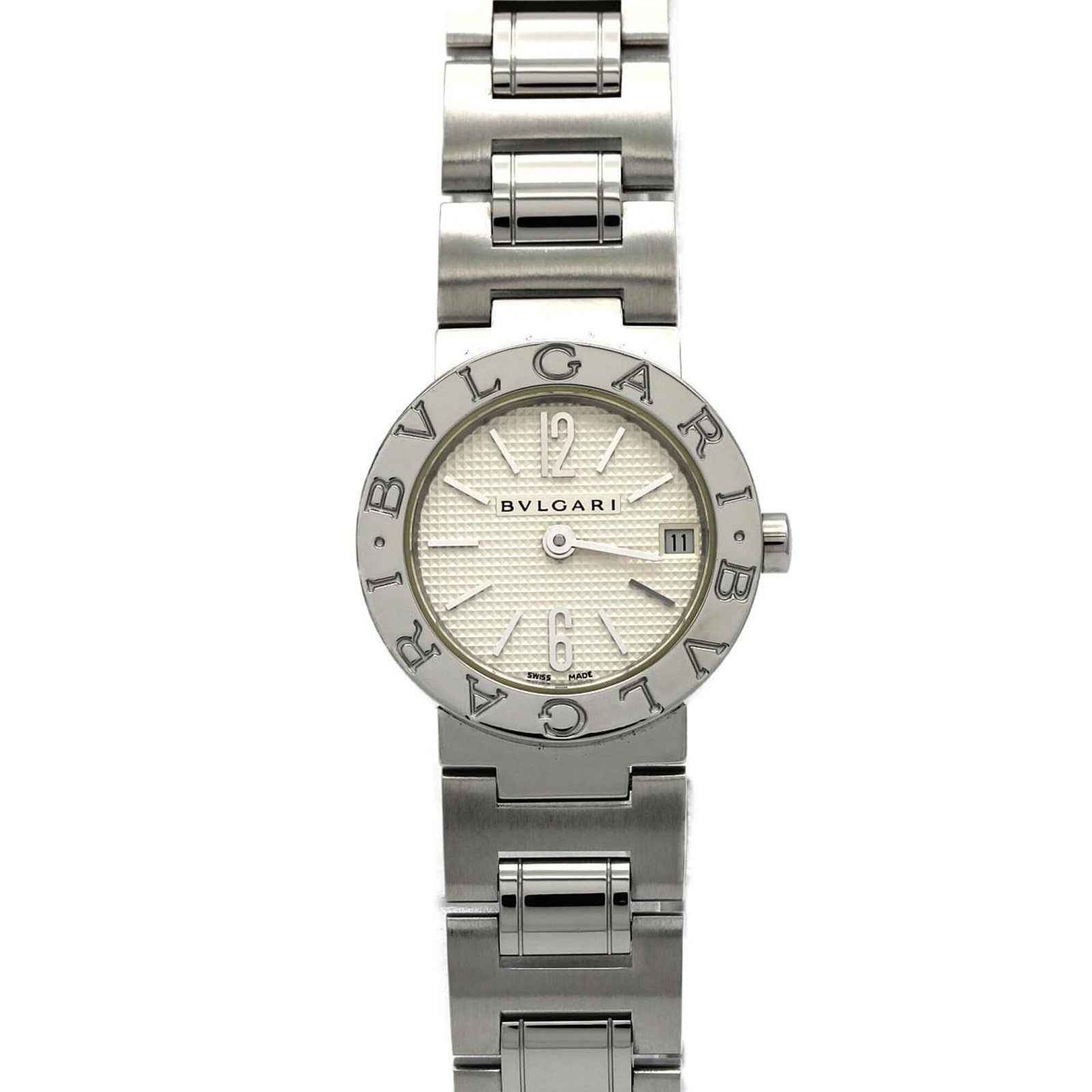 Bvlgari Wristwatch: Bvlgari Wristwatch Stainless steel case and band add a sleek touch to this Bvlgari wristwatch, featuring a white dial. The watch has a diameter of 23mm and fits wrists up to 17cm in size. With some mi