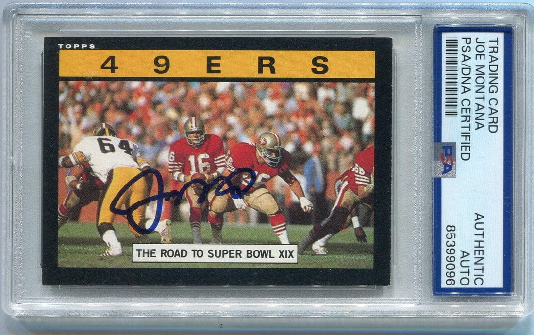 Joe Montana 49ers 1985 Topps Autographed Card Team Card PSA Authenticated: Joe Montana 49ers 1985 Topps Autographed Card Team Card PSA Authenticated Joe Montana's autograph on the 1985 Topps 49ers Team Card is a notable feature of this item. Packed and shipped from Dania