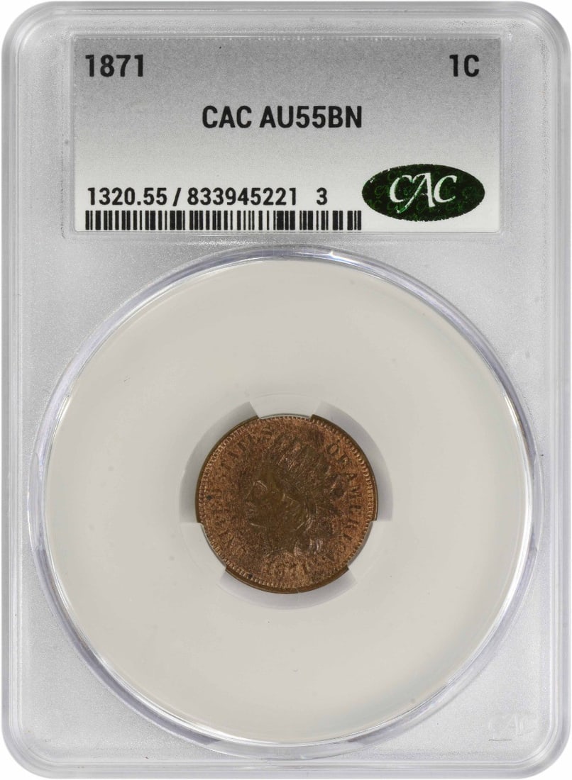 Indian Cent AU55BN CACG: Indian Cent AU55BN CACG The Indian Cent AU55BN CACG features a circulated condition, bearing the signature of James Barton Longacre, the designer. Made from 95% copper and 5% tin and zinc, this coin