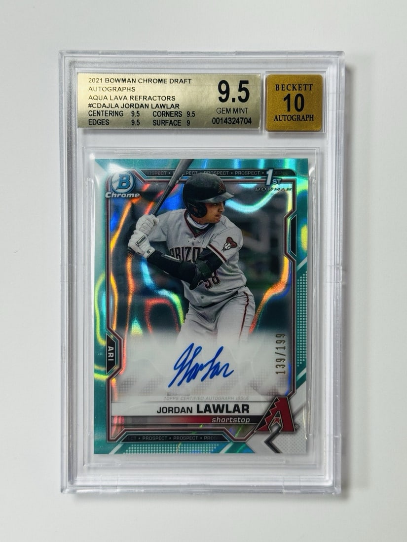 2021 BOWMAN CHROME DRAFT JORDAN LAWLAR AQUA LAVA REFRACTORS/ 199 BGS 9.5 AUTO 10 (1 of 2)